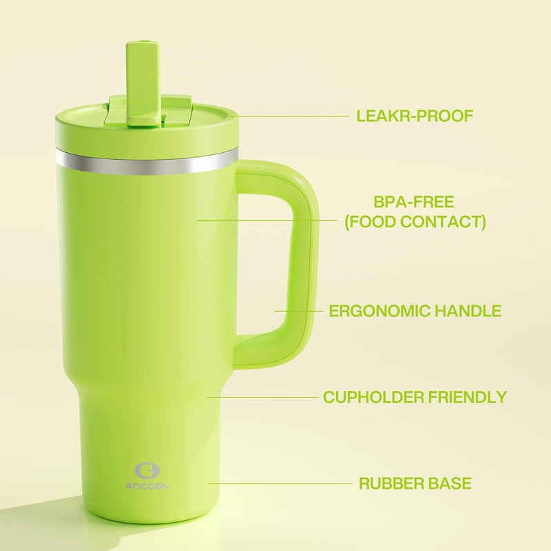 ENCOOL 32 oz Tumbler with Handle and Straw: Stainless Steel Insulated Tumbler Keeps Cold for 24 Hours, Leakproof Travel Cup Fits in Cup Holder and BPA-Free,Sharp Green - Image 3